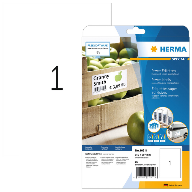 Etiket HERMA Power 10911 210x297mm wit 25stuks Etiket HERMA Power 10911 210x297mm wit 25stuks