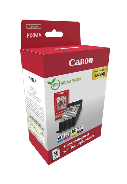 Inktcartridge Canon CLI-581 zwart + 3 kleuren Inktcartridge Canon CLI-581 zwart + 3 kleuren