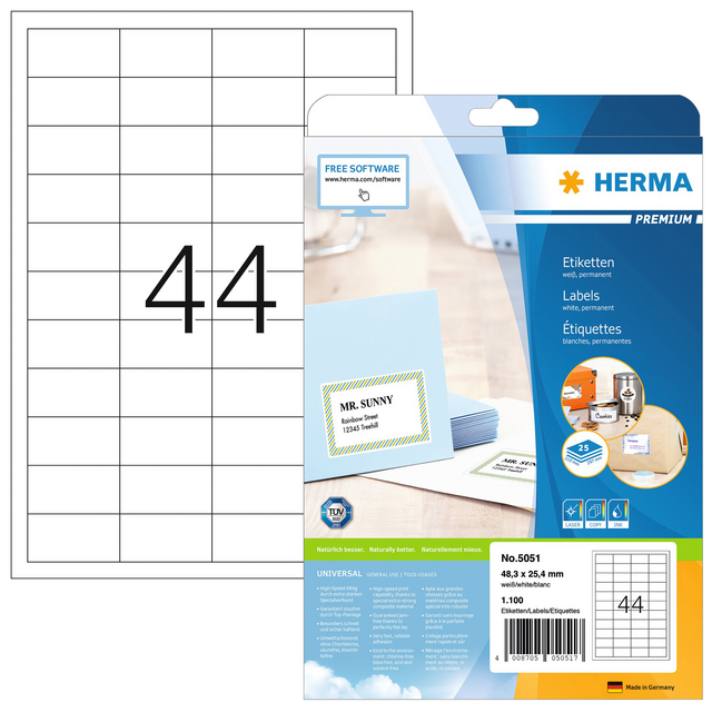 Etiket HERMA 5051 48.3x25.4mm premium wit 1100stuks Etiket HERMA 5051 48.3x25.4mm premium wit 1100stuks