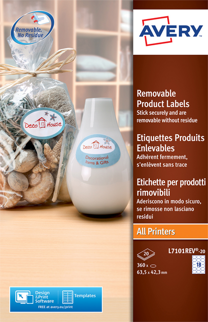 Etiket Avery L7101REV-20 63.5x42.3mm mat wit 360 etiketten