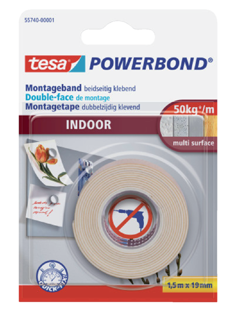 Dubbelzijdig montagetape tesa® Powerbond Indoor 1,5mx19mm wit Dubbelzijdig montagetape tesa® Powerbond Indoor 1,5mx19mm wit