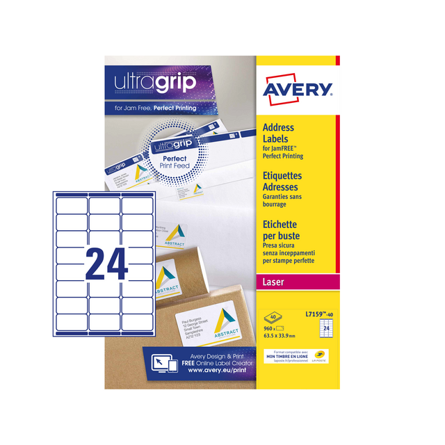 Etiket Avery L7159-40 63.5x33.9mm wit 960stuks Etiket Avery L7159-40 63.5x33.9mm wit 960stuks