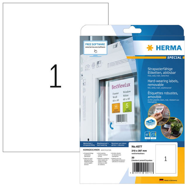 Etiket HERMA 4577 210x297mm folie wit 20 etiketten Etiket HERMA 4577 210x297mm folie wit 20 etiketten