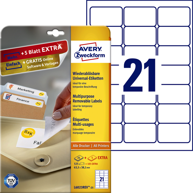 Etiket Avery Zweckform L6023REV-25 63.5x38.1mm afneembaar wit 525stuks Etiket Avery Zweckform L6023REV-25 63.5x38.1mm afneembaar wit 525stuks