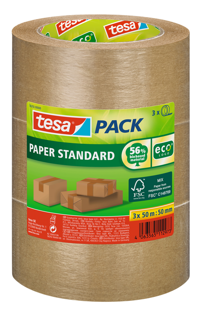 Verpakkingstape tesapack® Papier Standard ecoLogo 50mx50mm bruin bundel 3 rollen Verpakkingstape tesapack® Papier Standard ecoLogo 50mx50mm bruin bundel 3 rollen