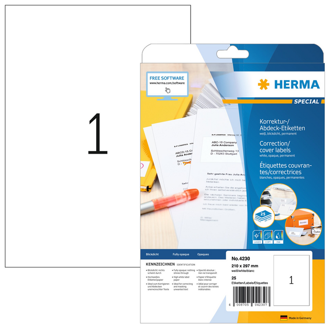 Etiket HERMA 4230 210x297mm A4 correctie wit 25stuks Etiket HERMA 4230 210x297mm A4 correctie wit 25stuks