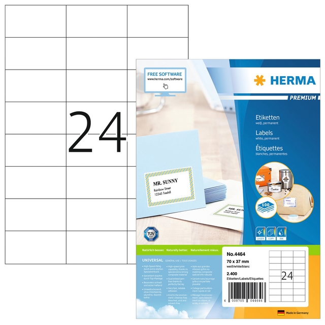 Etiket HERMA 4464 70x37mm premium wit 2400stuks Etiket HERMA 4464 70x37mm premium wit 2400stuks