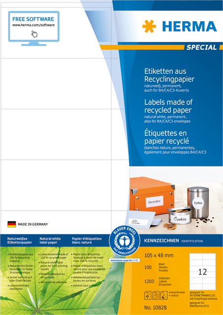 RECYCLING ETIKETTEN A4 105X48MM PERMANENT HECHTEND