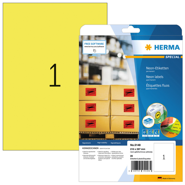 Etiket HERMA 5148 210x297mm A4 fluor geel 20stuks Etiket HERMA 5148 210x297mm A4 fluor geel 20stuks