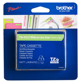 TZe-MQG35 12mm Wit op lime groen mat gelamineerd TZe-MQG35 12mm Wit op lime groen mat gelamineerd