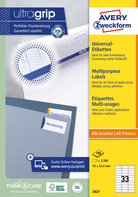 Etiket Avery Zweckform 3421 70x25.4mm wit 3300stuks Etiket Avery Zweckform 3421 70x25.4mm wit 3300stuks