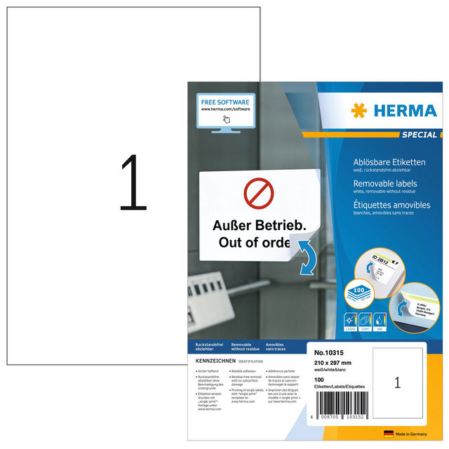 Etiket HERMA 10315 210x297mm wit 100 etiketten Etiket HERMA 10315 210x297mm wit 100 etiketten