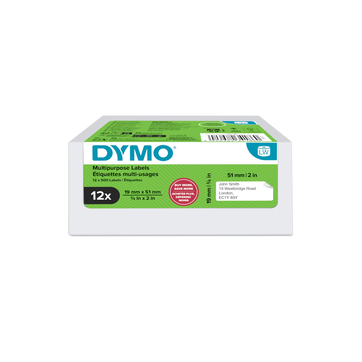Dymo 2234186 volume pack 19mm x 51mm, 12 rollen