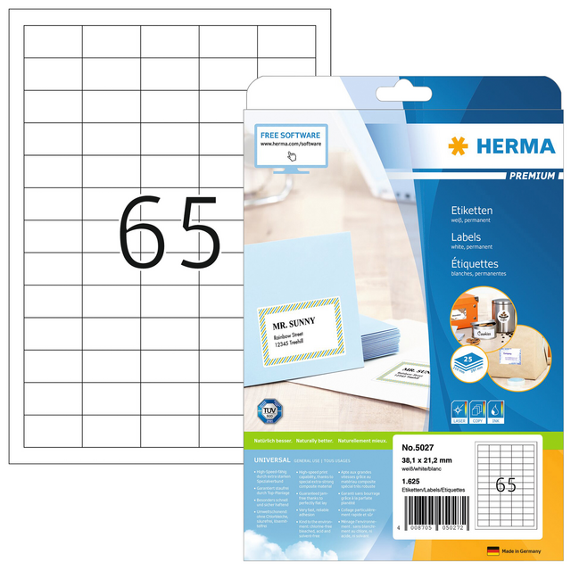 Etiket HERMA 5027 38.1x21.2mm premium wit 1625 etiketten Etiket HERMA 5027 38.1x21.2mm premium wit 1625 etiketten
