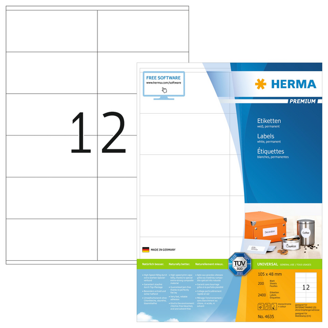 Etiket HERMA 4635 105x48mm premium wit 2400 etiketten Etiket HERMA 4635 105x48mm premium wit 2400 etiketten