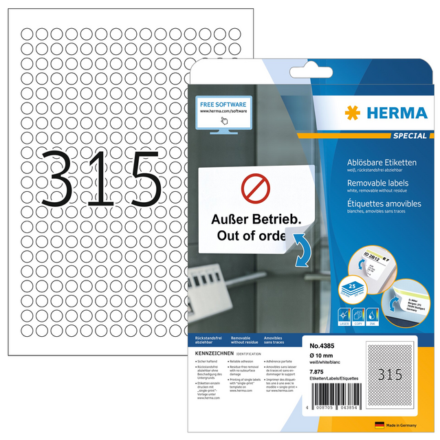 Etiket HERMA 4385 rond 10mm wit 7875 etiketten