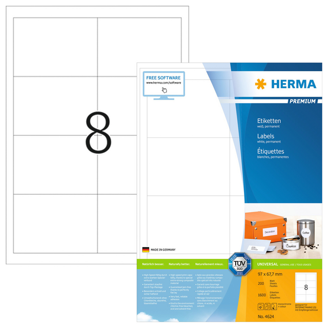 Etiket HERMA 4624 97x67,7mm premium wit 1600stuks Etiket HERMA 4624 97x67,7mm premium wit 1600stuks