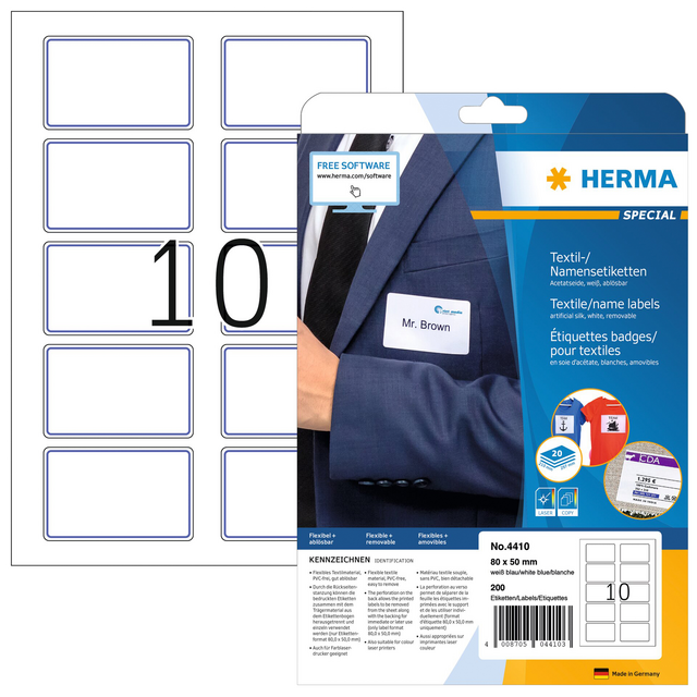 Naambadge etiket HERMA 4410 80X50mm wit blauw 200 etiketten Naambadge etiket HERMA 4410 80X50mm wit blauw 200 etiketten