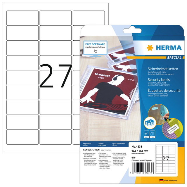 Veiligheidsetiket HERMA 4233 63.57x29.6mm wit 675 etiketten Veiligheidsetiket HERMA 4233 63.57x29.6mm wit 675 etiketten