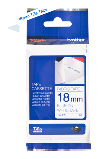 TZe-FA4 18mm Textiel tape - Blauw op Wit - opstrijkbaar