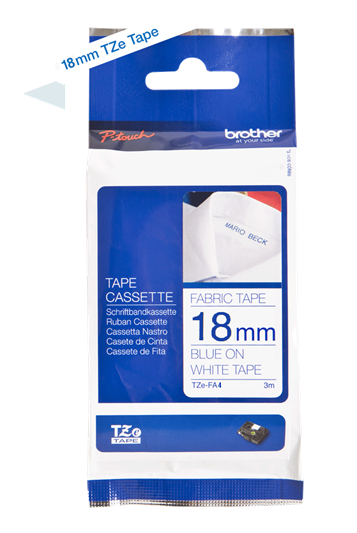 TZe-FA4 18mm brede blauw op witte opstrijkbare textieltape TZe-FA4 18mm brede blauw op witte opstrijkbare textieltape