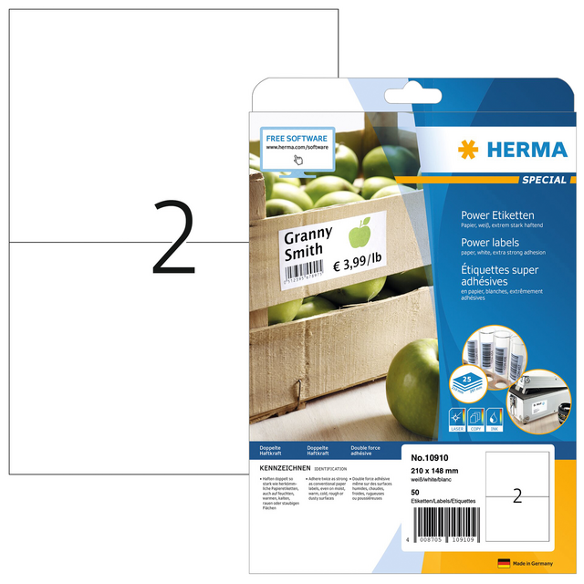 Etiket HERMA Power 10910 210x148mm wit 50stuks Etiket HERMA Power 10910 210x148mm wit 50stuks