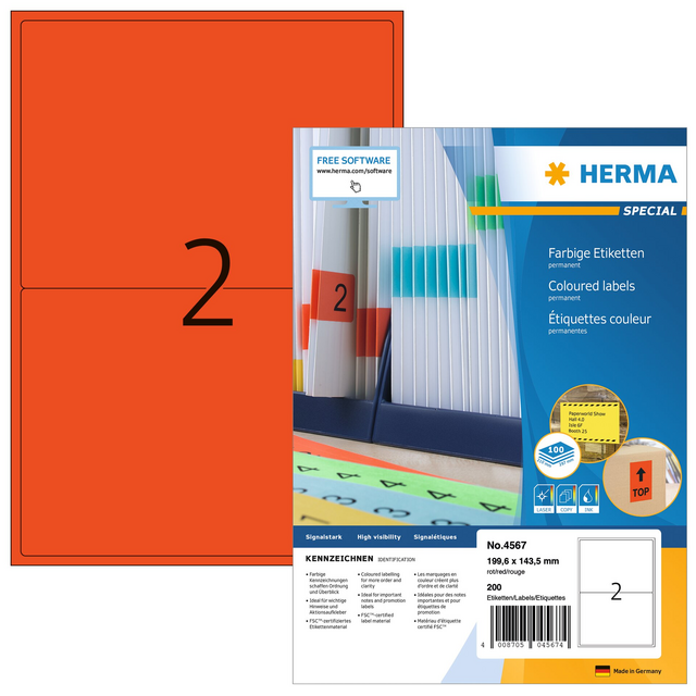 Etiket HERMA 4567 199.5x143.5mm rood 200 etiketten Etiket HERMA 4567 199.5x143.5mm rood 200 etiketten