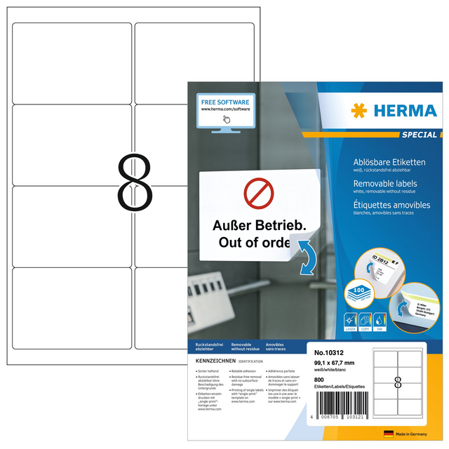 Etiket HERMA 10312 99.1x67.7mm verwijderbaar wit 800 etiketten Etiket HERMA 10312 99.1x67.7mm verwijderbaar wit 800 etiketten