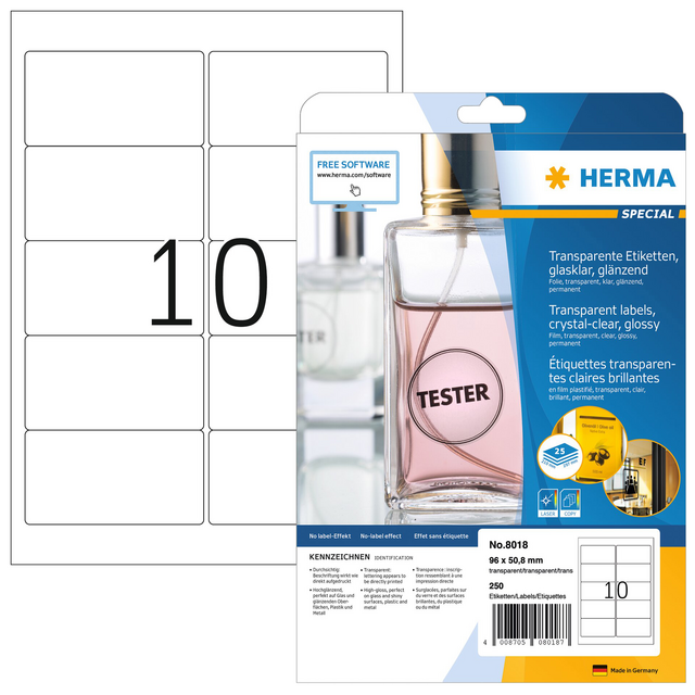 Etiket HERMA 8018 96x50.8mm transparant 250 etiketten Etiket HERMA 8018 96x50.8mm transparant 250 etiketten