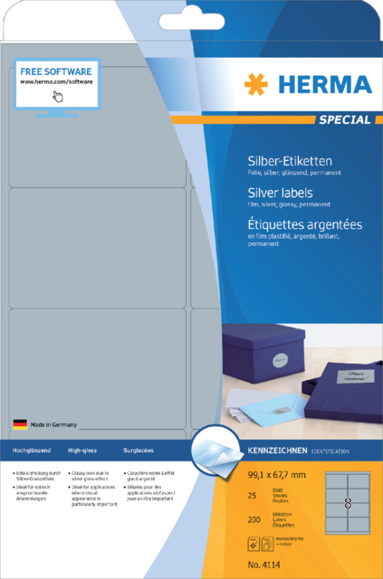 Etiket HERMA 4114 99.1X67.7mm zilver 200 etiketten Etiket HERMA 4114 99.1X67.7mm zilver 200 etiketten