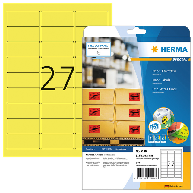 Etiket HERMA 5140 63.5x29.6mm neon geel 540 etiketten Etiket HERMA 5140 63.5x29.6mm neon geel 540 etiketten