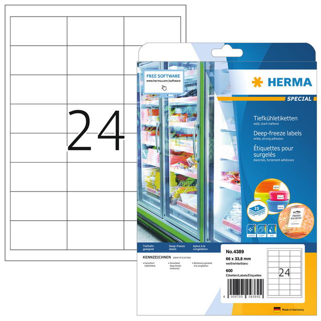 Etiket HERMA 4389 66x33.8mm diepvries wit 600stuks Etiket HERMA 4389 66x33.8mm diepvries wit 600stuks