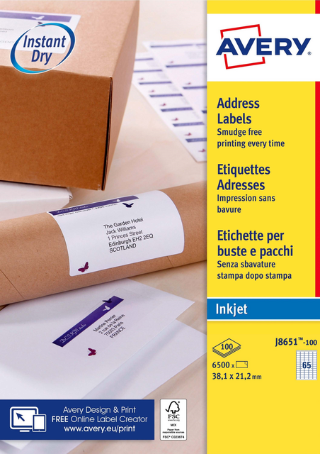 Etiket Avery J8651-100 38.1x21.2mm wit 6500 etiketten Etiket Avery J8651-100 38.1x21.2mm wit 6500 etiketten