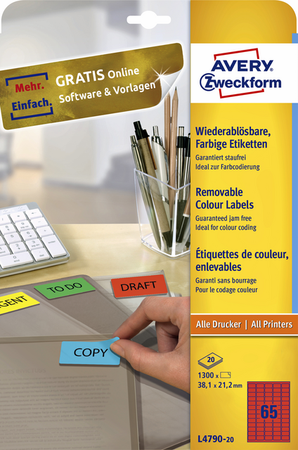 Etiket Avery Zweckform L4790-20 38.1x21.2mm rood 1300stuks Etiket Avery Zweckform L4790-20 38.1x21.2mm rood 1300stuks