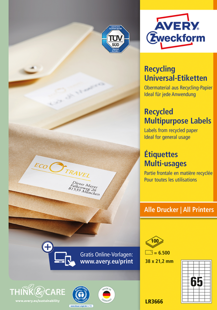Etiket Avery Zweckform LR3666 38x21.2mm recycled wit 6500 etiketten