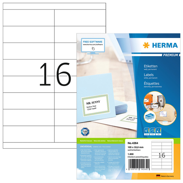 Etiket HERMA 4264 105x33.8mm premium wit 1600stuks Etiket HERMA 4264 105x33.8mm premium wit 1600stuks