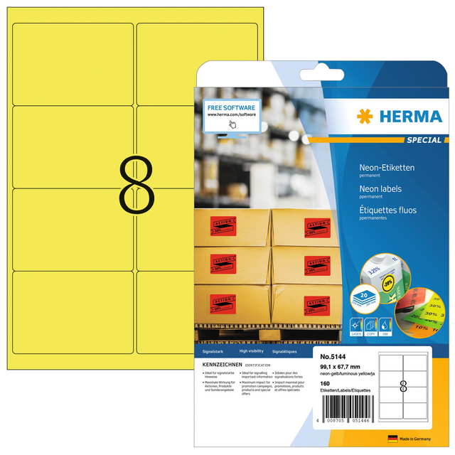 Etiket HERMA 5144 99.1x67.7mm neongeel 160stuks Etiket HERMA 5144 99.1x67.7mm neongeel 160stuks