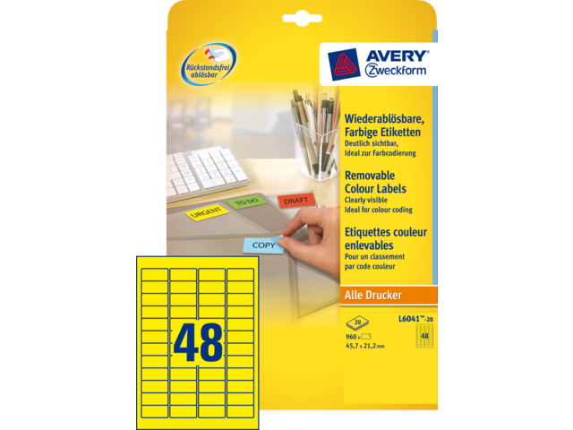 L6041-20 etiket avery zweck l6041-20 45.7x21.2mm 960st geel