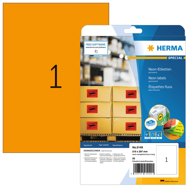Etiket HERMA 5149 210x297mm A4 fluor oranje 20stuks Etiket HERMA 5149 210x297mm A4 fluor oranje 20stuks