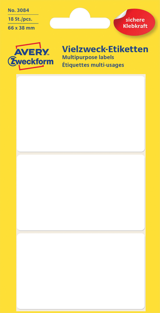 Etiket Avery Zweckform 3084 66x38mm wit 18 etiketten Etiket Avery Zweckform 3084 66x38mm wit 18 etiketten