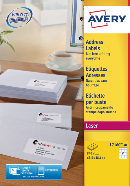 Etiket Avery L7160-40 63.5x38.1mm wit 840 etiketten Etiket Avery L7160-40 63.5x38.1mm wit 840 etiketten