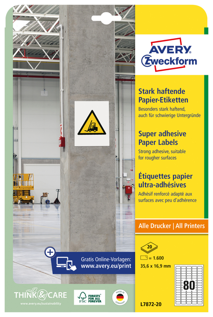 Etiket Avery Zweckform L7872-20 35.6x16.9mm 1600 etiketten Etiket Avery Zweckform L7872-20 35.6x16.9mm 1600 etiketten