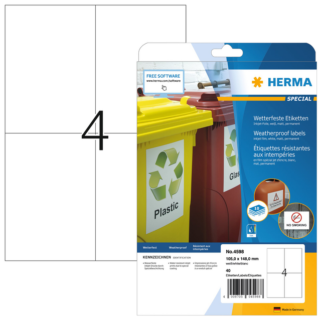 Etiket HERMA 4598 105x148mm A4 folie wit 40stuks Etiket HERMA 4598 105x148mm A4 folie wit 40stuks