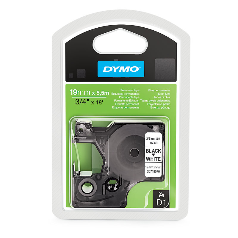 Dymo 16960 D1 permanent polyester 19mm zwart op wit