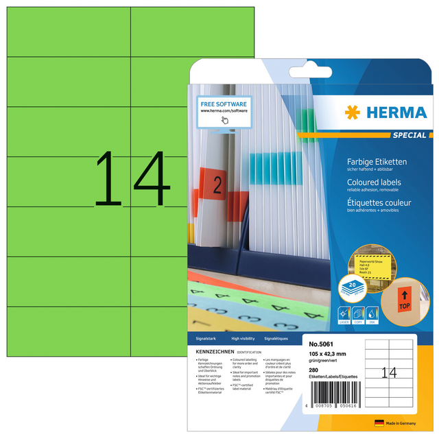 Etiket HERMA 5061 105x42.3mm verwijderbaar groen 280stuks Etiket HERMA 5061 105x42.3mm verwijderbaar groen 280stuks