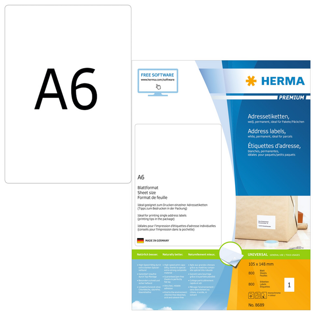 Etiket HERMA 8689 105x148mm Premium wit 800 etiketten Etiket HERMA 8689 105x148mm Premium wit 800 etiketten