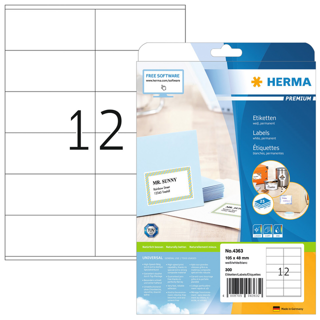 Etiket HERMA 4363 105x48mm premium wit 300 etiketten Etiket HERMA 4363 105x48mm premium wit 300 etiketten