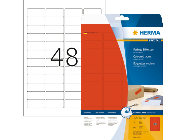 4367 etiket herma 4367 45.7x21.2mm a4 960st rood