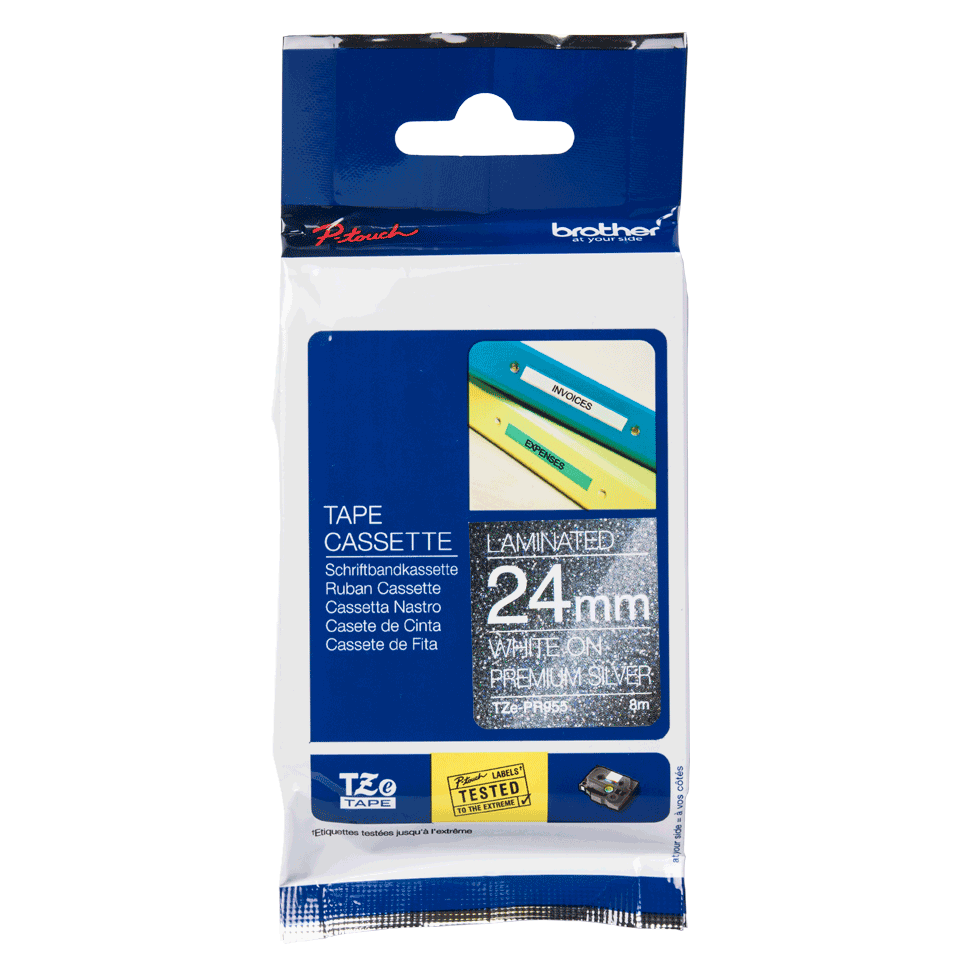Brother TZe-PR955 Wit op Premium Zilver 24mm Brother TZe-PR955 Wit op Premium Zilver 24mm