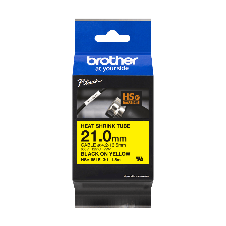 Brother HSE-651E Heat Shrink Tube, 21mm, zwart op geel Brother HSE-651E Heat Shrink Tube, 21mm, zwart op geel